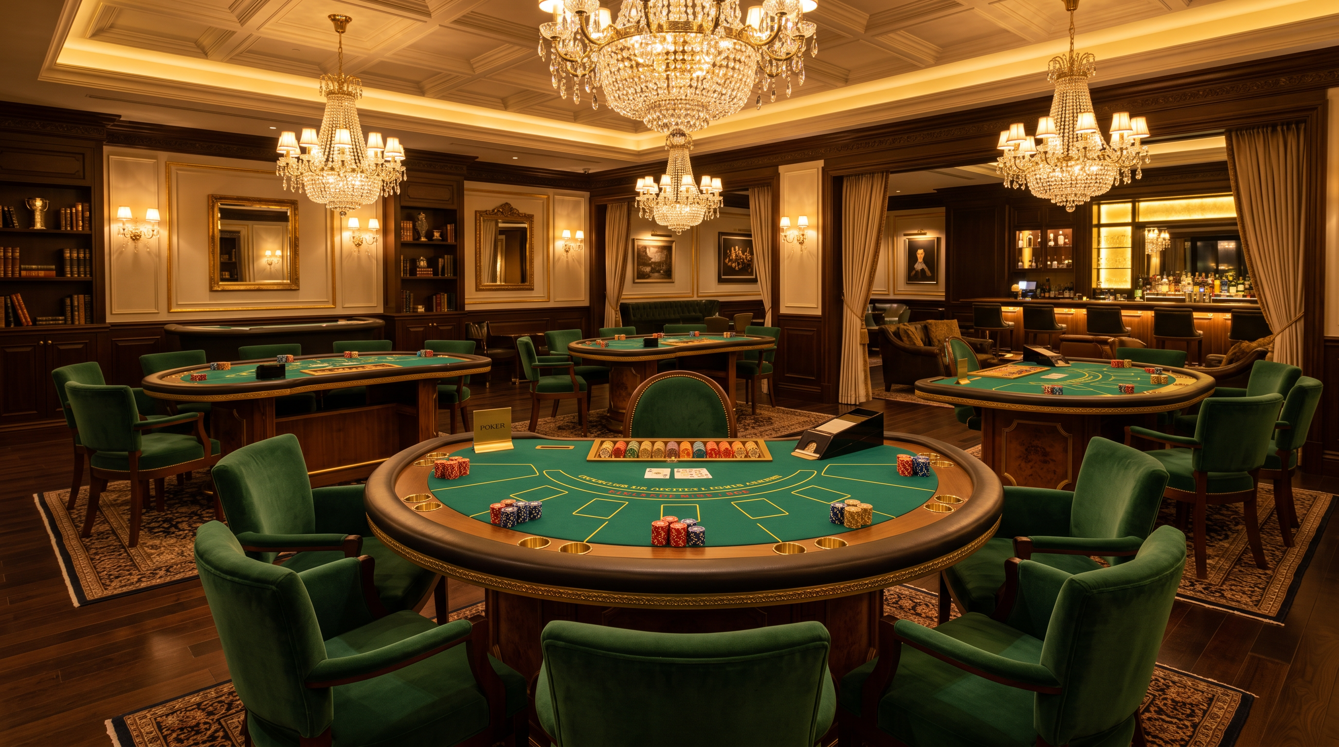 Sophisticated entertainment lounge with green felt tables