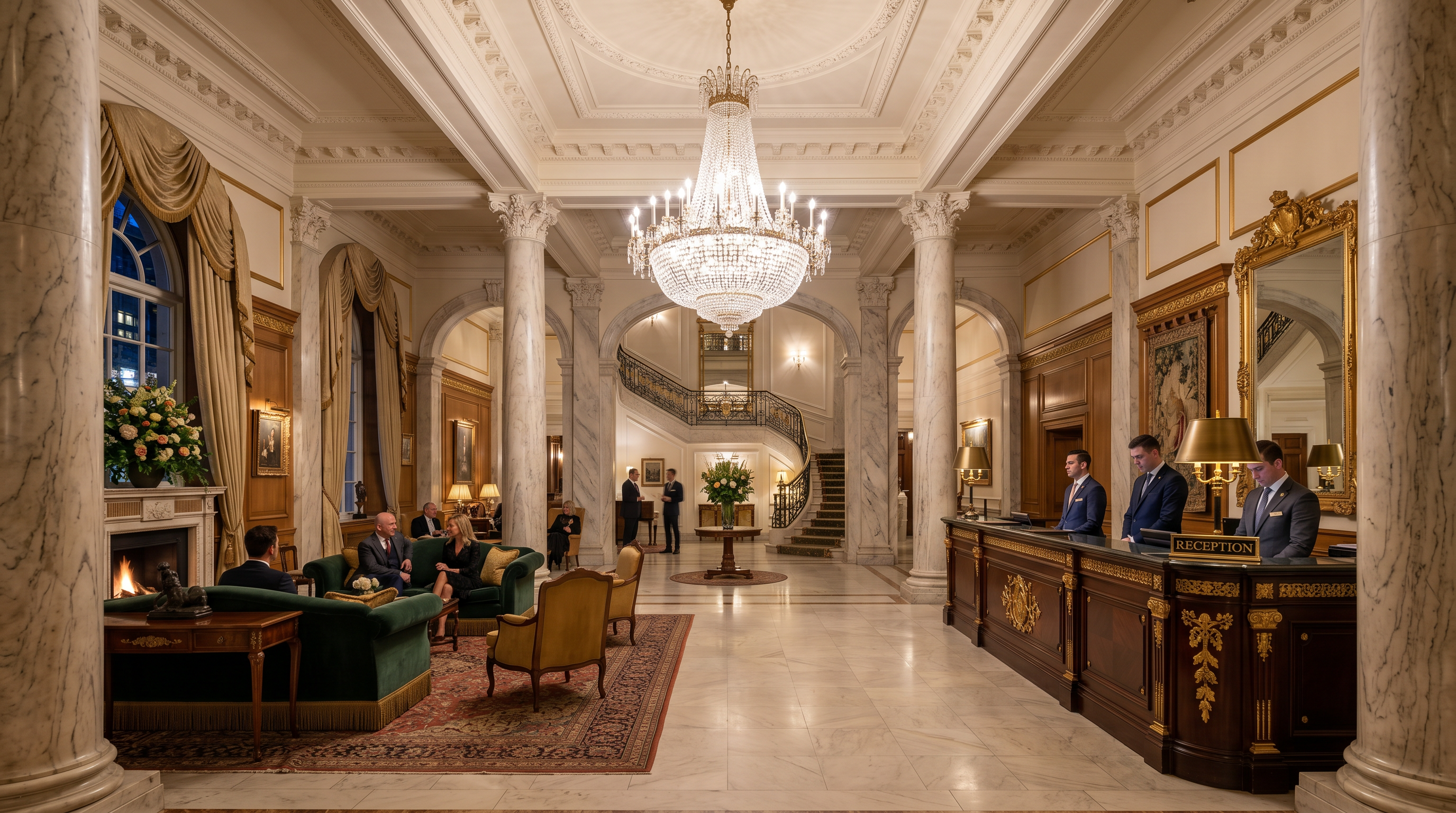 Grand hotel lobby with marble columns and chandeliers